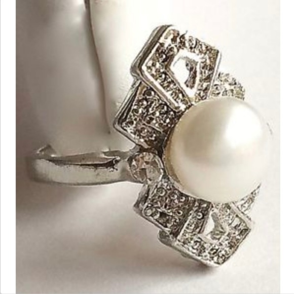 Vintage Silver Pearl Art Deco Cocktail Ring Sz 7 8 9 - Picture 5 of 8